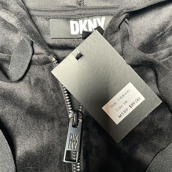 DKNY Size Large Black Velvet Hoodie*FULLLuxurious Zipper * Hood ties DKNY LOGO - Picture 3 of 4